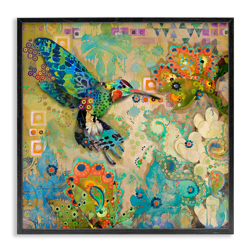 Motif de colibri Boho - impression d'un cadre photo sur toile, Giclée encadrée noir minuit, H 17 po x l 17 po x P 1,5 po