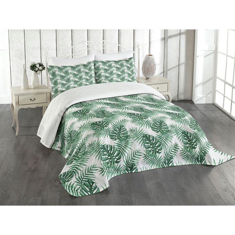 King White and Green Polyester Leaf Bedspread Set