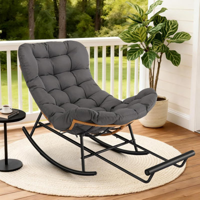 Papasan Rocking Chair with Extendable Footrest – Rattan Rocker with Heavy Duty Metal Frame, Comfortable Reading Chair for Adults, Indoor/Outdoor Use in Living Room, Patio & Bedroom