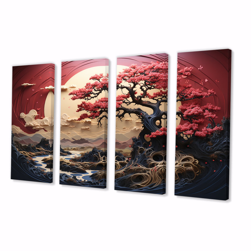 «Red Flower and Flower Garden II» - Fleurs, art mural 4 pièces pour le salon, H 28 po x l 48 po