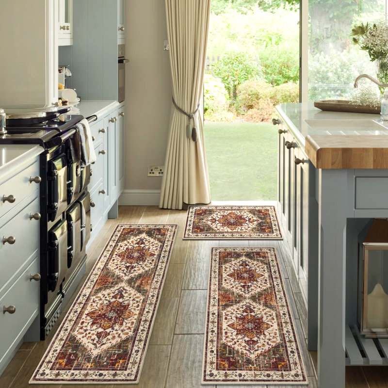 Vintage Washable Non-Slip Kitchen Mat & Runner (Set of 3), Red