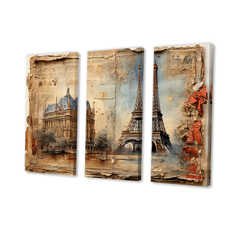 «Paris Nostalgia Vintage Collage», ensemble d'impressions sur toile City Paris, H 32 po x l 48 po x P 1 po