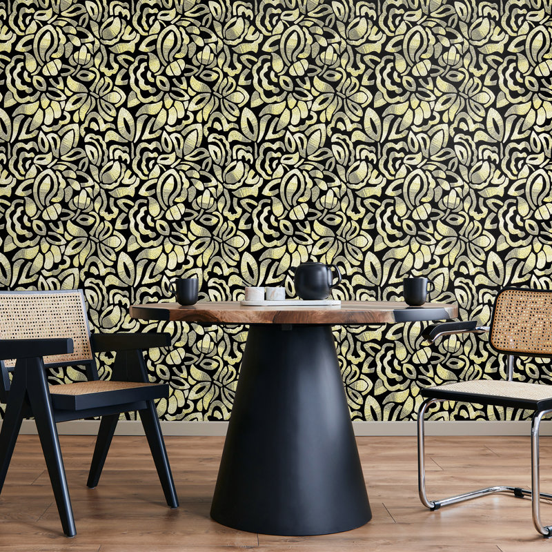 Chelchowska Pepper Collection Flocked Fabric Brussels Lace Lana 10.05m x 53cm Wallpaper Roll, Yellow/Black