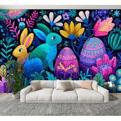 Peel and Stick Wallpaper Spring Rabbit Floral Egg Artwork Woodland Animal Cottagecore Pastel Wall Murals 100"H x 144"W Removable PVC Wall Paper Self-Adhesive Wall Decor for Bedroom Living Room Home Office
