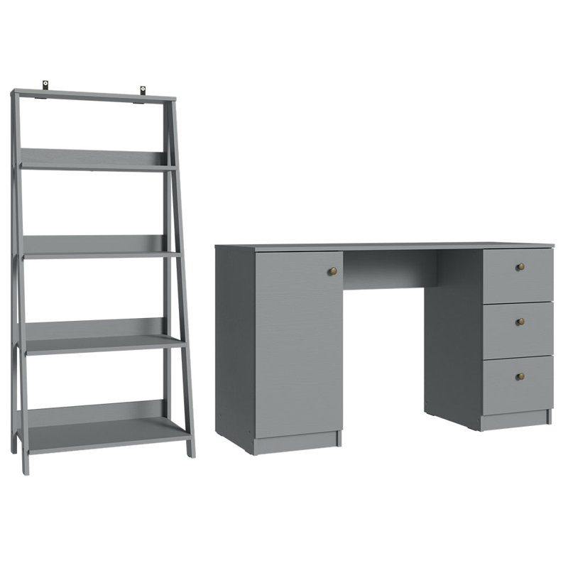 Chukri Desk with Drawer 53" + Ladder Shelf Standing Bookcase, Gray