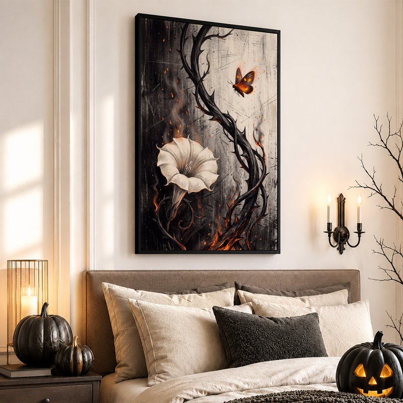 Toile murale d'Halloween avec fleurs blanches et vignes épineuses et lueur orange, H 18 po x l 12 po