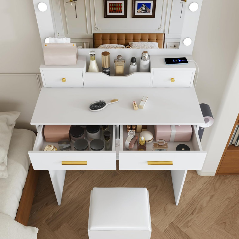 Jaxenor Dressing Table with Mirror, Makeup Vanity Desk with 4 Drawers & 9 Hollywood Bulbs, Vanity Table with Power Socket, Hair Dryer Stand, Open Storage Box and Stool for Bedroom, White