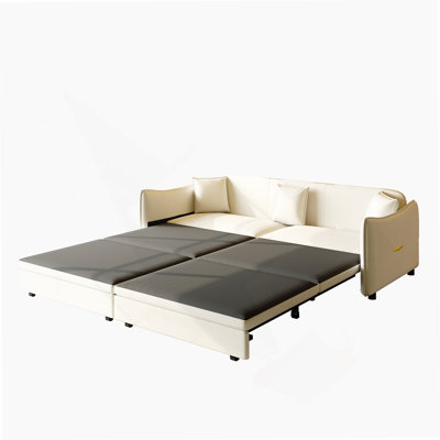 81.9" King Pull Out Sofa Bed,3-In-1 Convertible Sofa Bed With 3 Pillows & Golden Accent Detail Design, Modern Velvet 3-Seater Couch,For Small Space,Living Room,Apartment,Beige/White