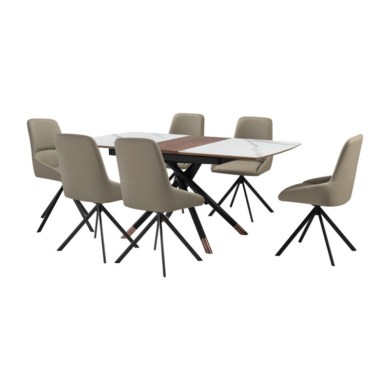 Aubreigh 7 Piece Modern Extendable Cross Legs Dining Set with Taupe Gray Faux Leather Chairs