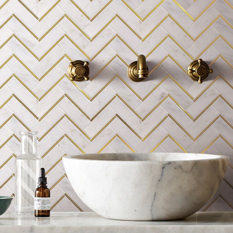 Natural Bianco 1" x 3" Marble Chevron Mosaic Wall Tile, White/Gold