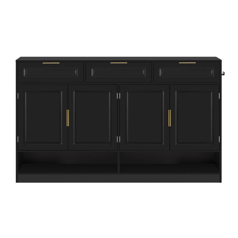 Buffet avec 3 tiroirs et 4 portes, buffet de rangement avec tablette réglable et compartiments de rangement ouverts, Noir