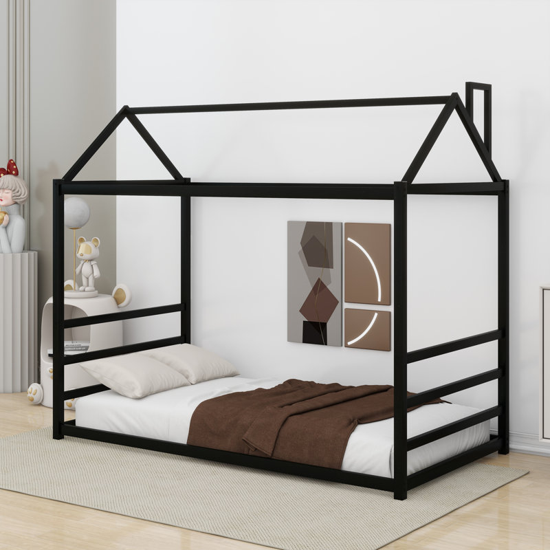 Metal House Shape Platform Bed, Black, Twin