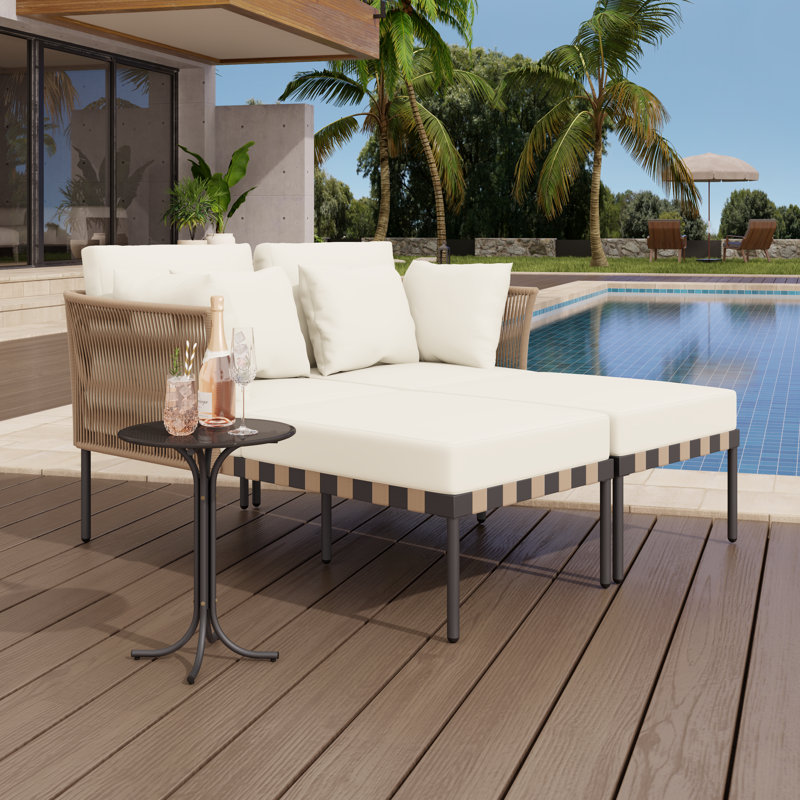 144 cm Long Double Chaise with Cushions and with Table, Beige