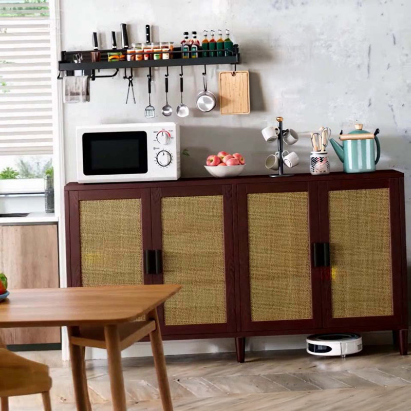 70" Rattan Buffet Cabinet With Storage, Black