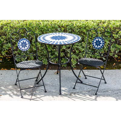 BISTRO SET-3, BLACK/ WHITE DIAMOND TILE PATTERN ON METAL TABLE, CHAIR