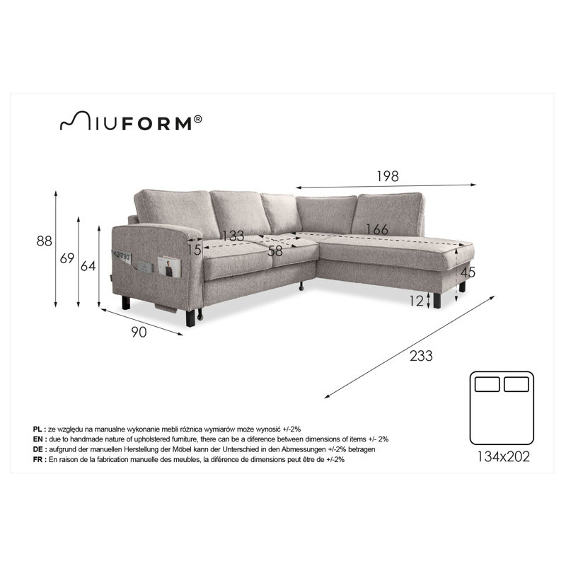 Molly Corner Sofa Bed, Salt/Pepper, Right Hand Facing