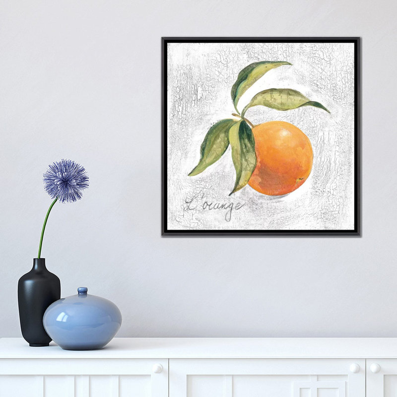 " L Orange On White " by Silvia Vassileva, No Mat, Distressed Black Framed Canvas, 18" H x 18" W x 1.5" D