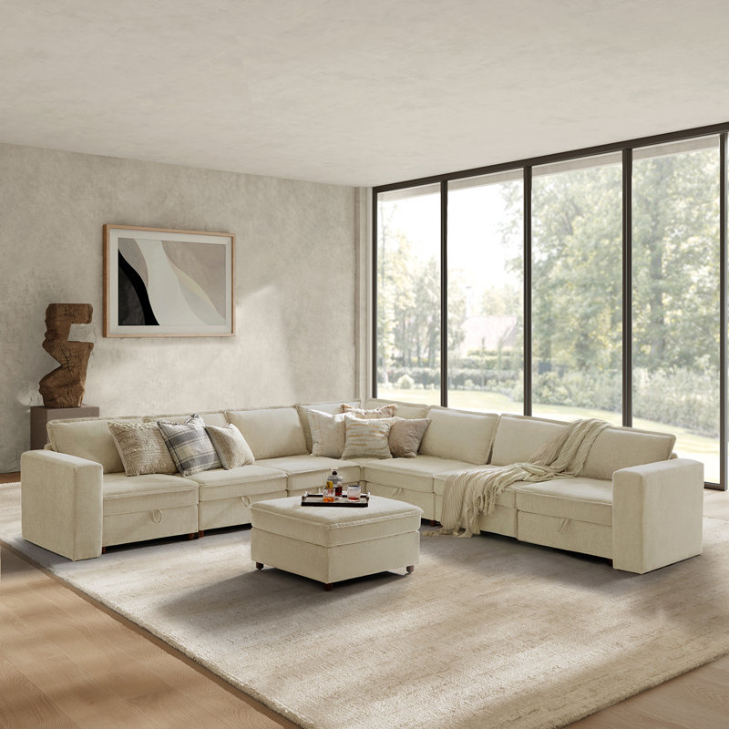 Housse pour canapé modulaire avec rangement en chenille moderne de 136 po 8 pièces Bessette, Beige Polyester/Chenille