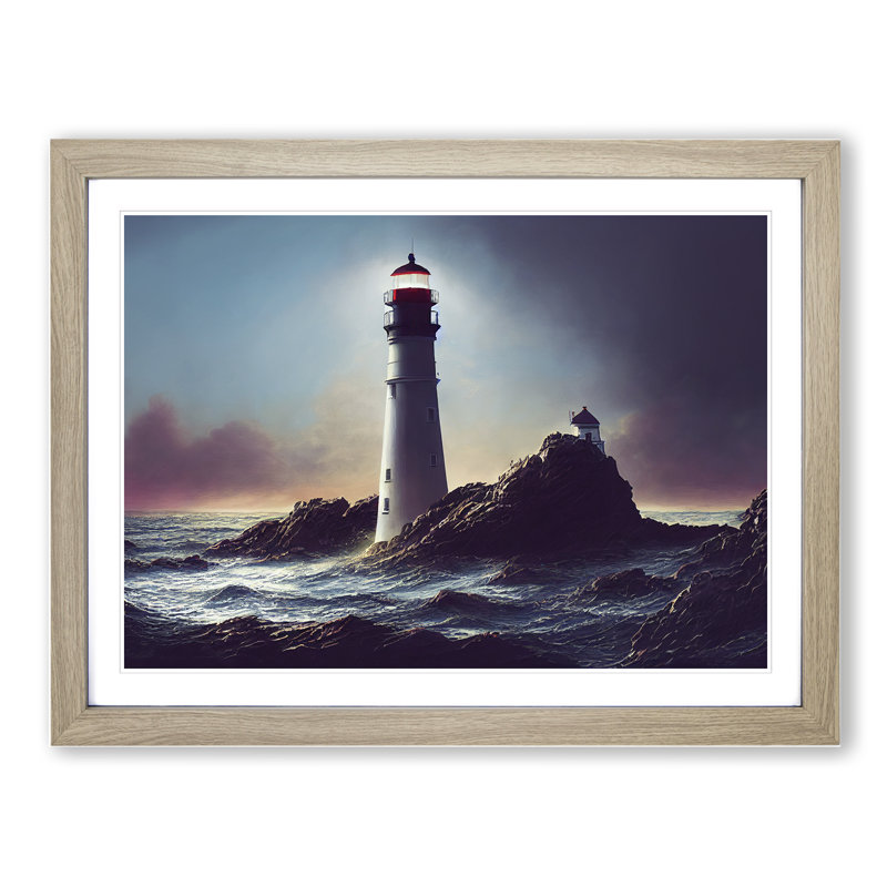 Brave Lighthouse Seascape - Single Picture Frame Print, 34cm H x 46cm W x 2cm D, Oak Framed