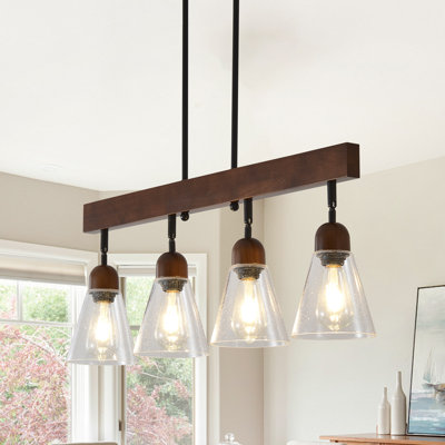 4-Light Farmhouse Dining Room Chandelier, Rustic Wood Kitchen Island Lighting With Seeded Glass Shade