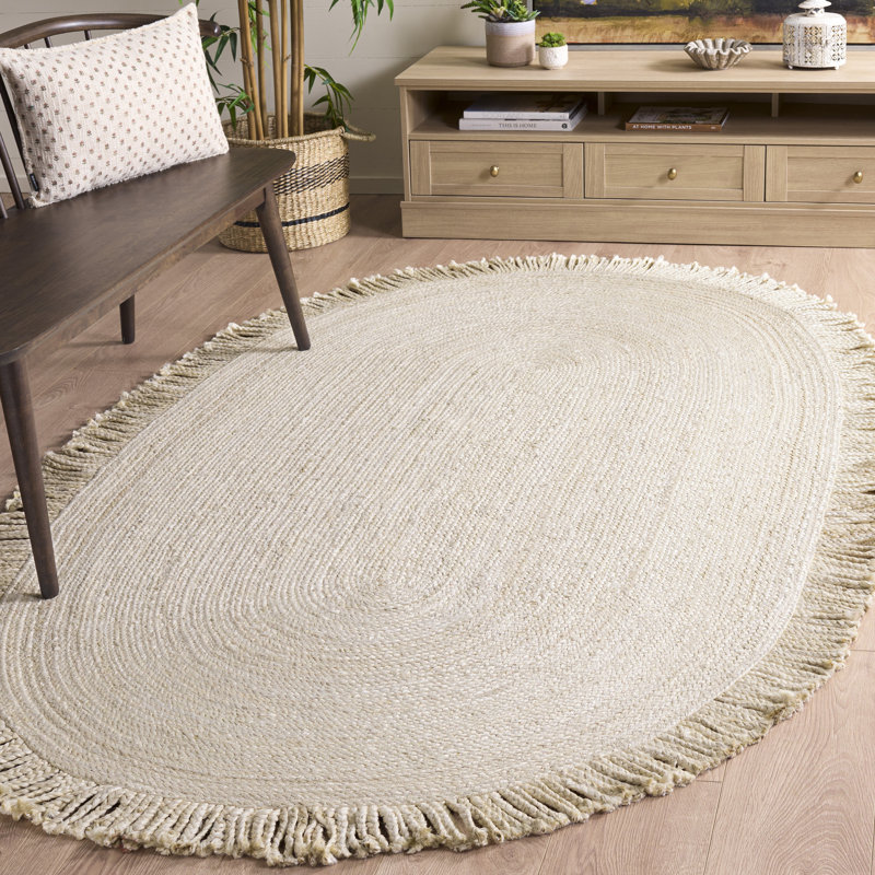Padley Round Handwoven Jute Beige Area Rug, Oval 5' x 8'