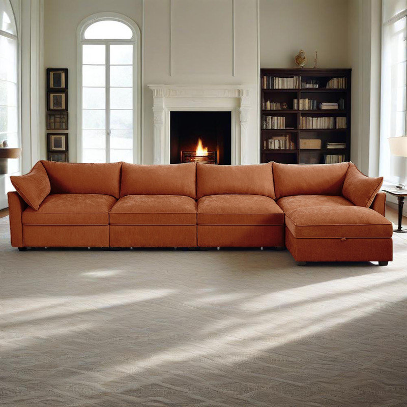 Canapé modulaire modulaire en L avec tiroirs de rangement cachés et repose-pieds rabattable, Chenille orange