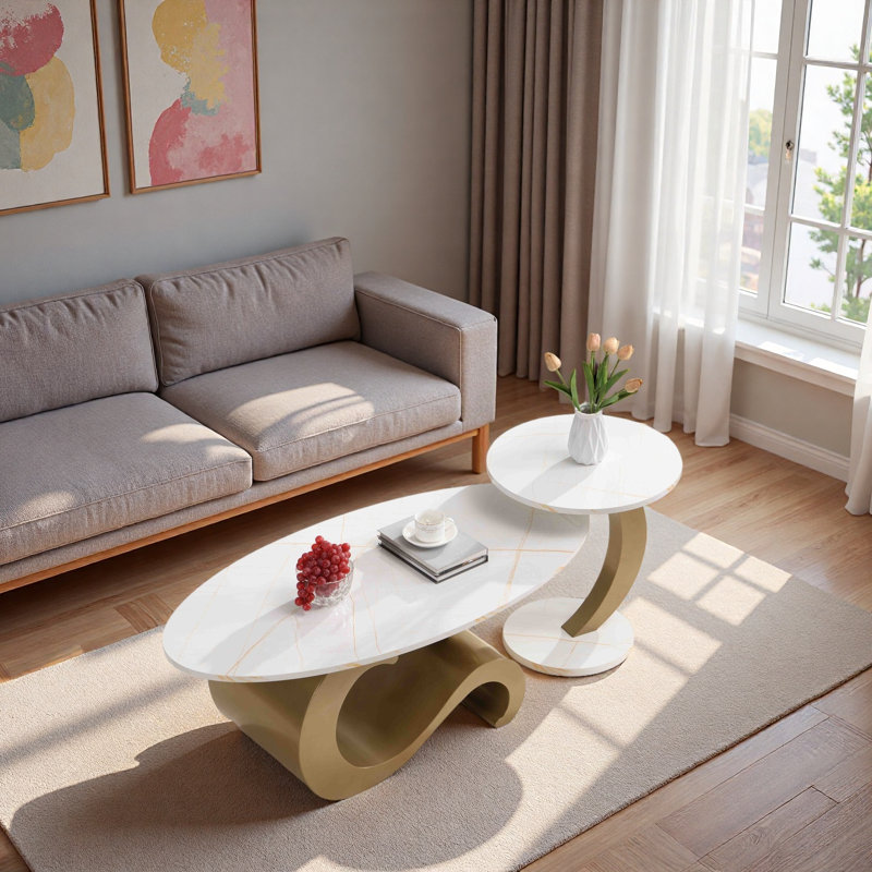 Ensemble de 2 tables de bout Modern Modern, Plateau blanc / base or, Marbre