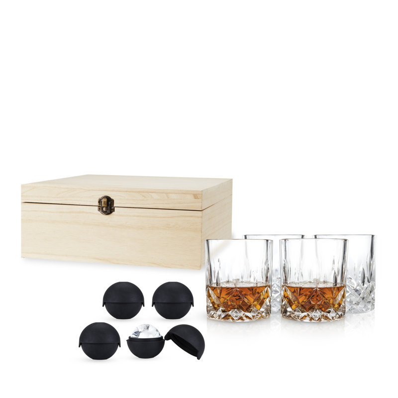 Admiral Crystal Whiskey Glass Set with Silicone Ice Sphere Molds in Wooden Box