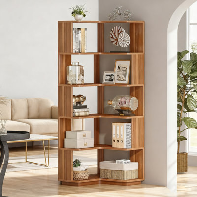 Bibliothèque de coin industrielle en forme de L, rangement à 6 niveaux avec déflecteurs anti-chute, l 23,62 po x l 23,62 po x H 64,96 po, grain de bois, pour le salon / la chambre à coucher / le bureau (60 lb par tablette)