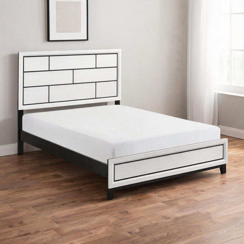 Structure de lit grand moderne et contemporain de couleur blanche, fabrication en bois massif avec motif de lignes noires pour la chambre à coucher