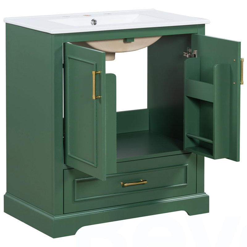 Meuble-lavabo autoportant 30 po avec lavabo, panneau de fibres à densité moyenne et structure en bois massif, 1 tiroir séparateur et 2 portes à fermeture en douceur (double tablette sur la porte)