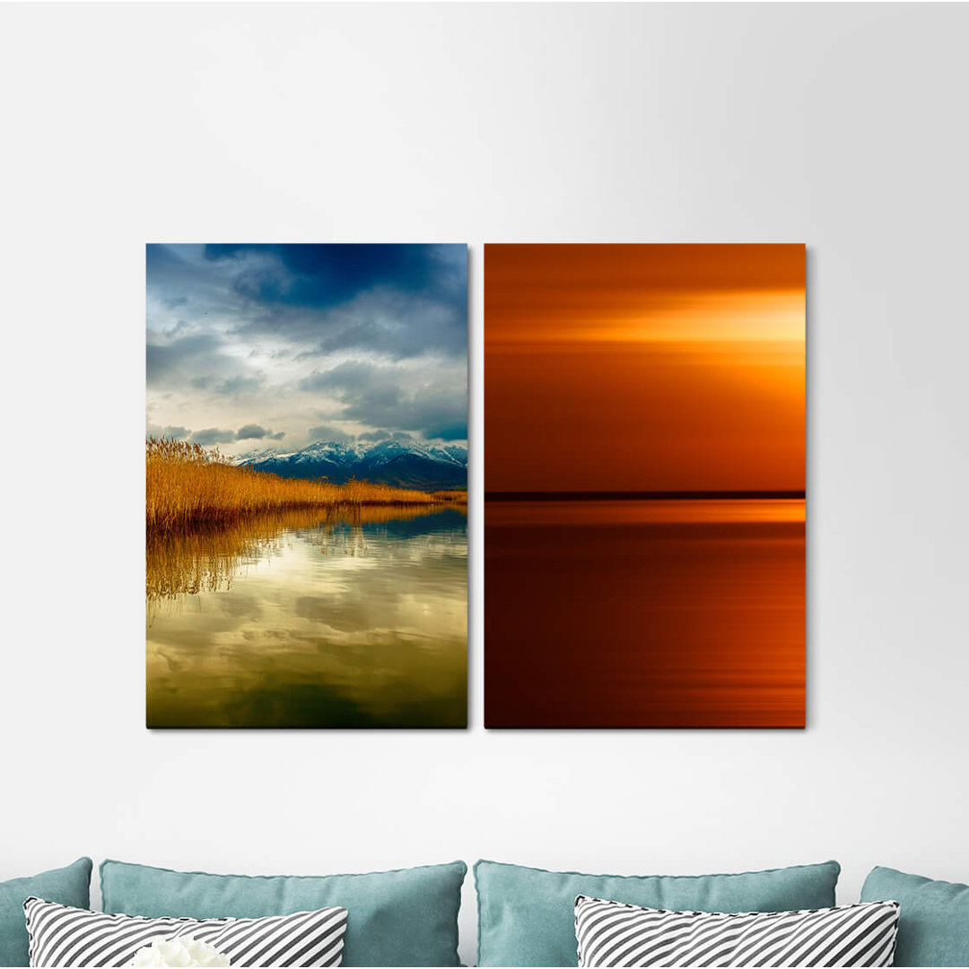 2-tlg. Leinwandbilder-Set - Grafikdruck „Alaska Lake Mountains Horizon Reflection Red Silence”