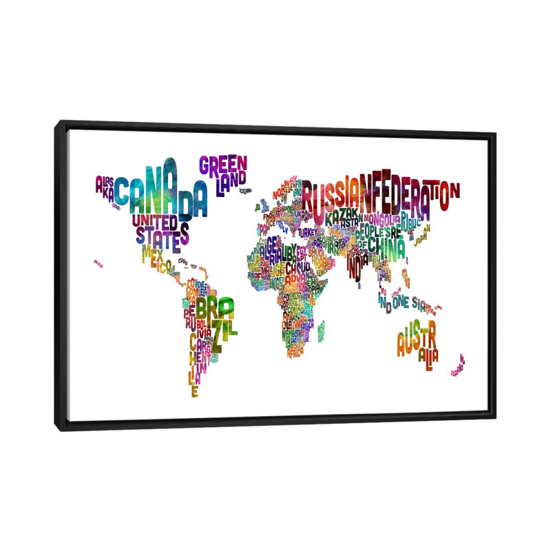 « world (pays), carte typographique ii » par michael tompsett, art textuel sur toile, H 18 po x l 26 po x p 1,5 po