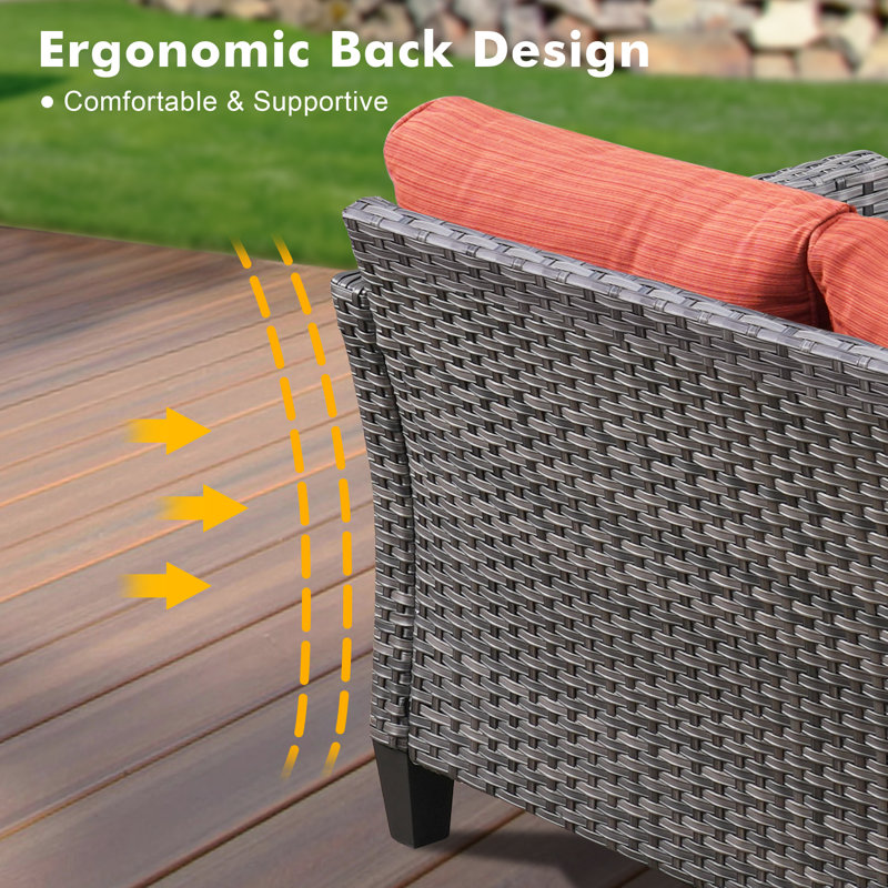Lovall Rattan Wicker 4 - Person Seating Group with Fire Pit and Cushions, Orange Red