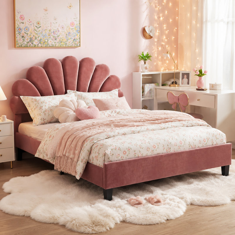 Tayveion Upholstered Platform Bed with Floral Velvet Headboard, Bean Paste Red, Full, Solid + Manufactured Wood