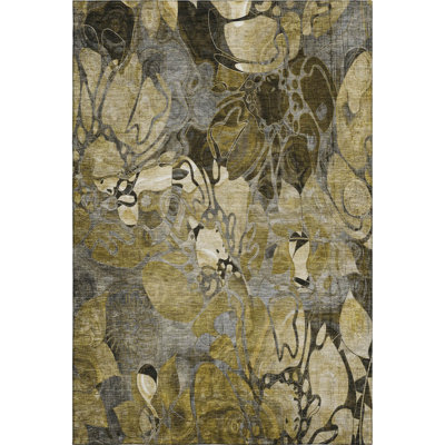 10' X 14' Brown Beige And Gold Abstract Distressed Washable Area Rug With UV Protection