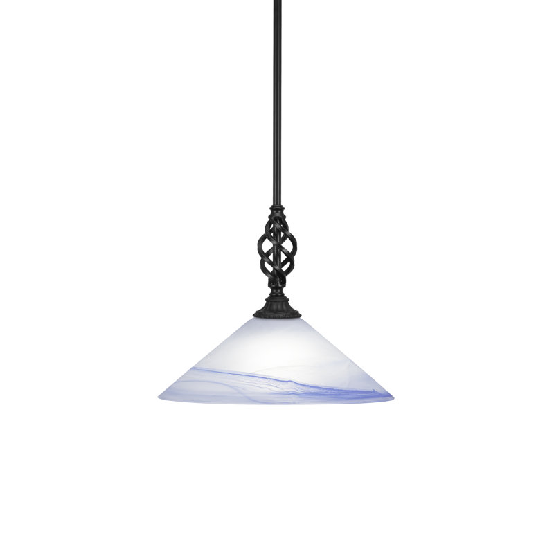 Eleganté Stem Hung Mini Pendant Shown In Matte Black Finish With 16" Blue Swirl Glass
