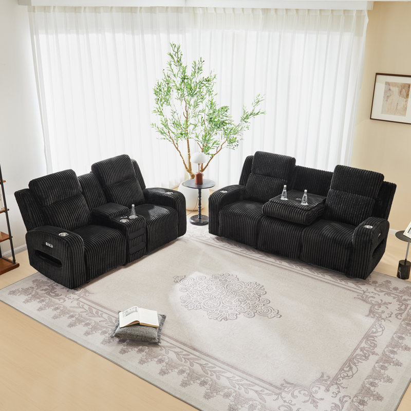 Sizemore 2 Piece Reclining Corduroy With Storage Cup Holder And Bluetooth Speaker Led Light Living Room Set, Black