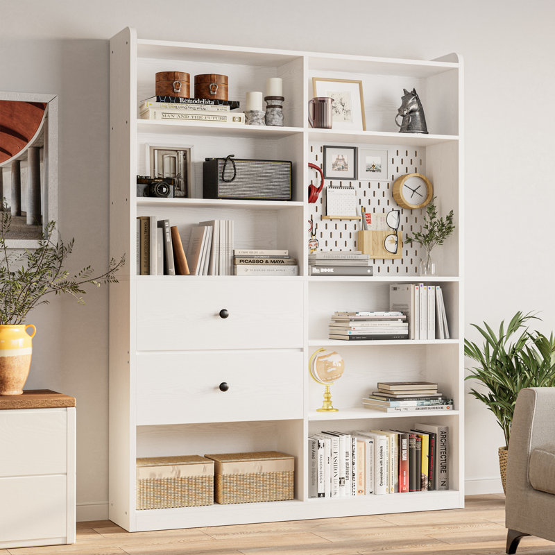 79" H X 55" W 8 Cubby Display Book Shelves With Pegboard And Deep Drawer, White