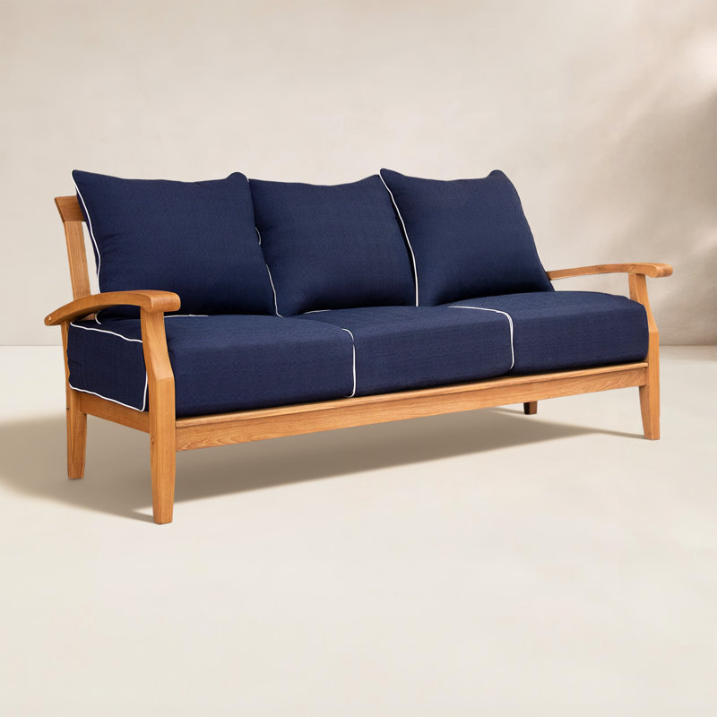 Summerton 77.5'' Wide Outdoor Teak Patio Sofa with Cushions, Navy White Piping