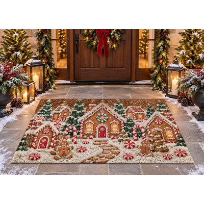 5' x 7' Outdoor Area Rug Gingerbread Village Candy Cane Christmas Heavyweight Waterproof PVC Coil Loop Carpet, Heavy Duty Patio Rug, Quick Dry Indoor Outdoor Mat for Porch Deck Balcony Entryway