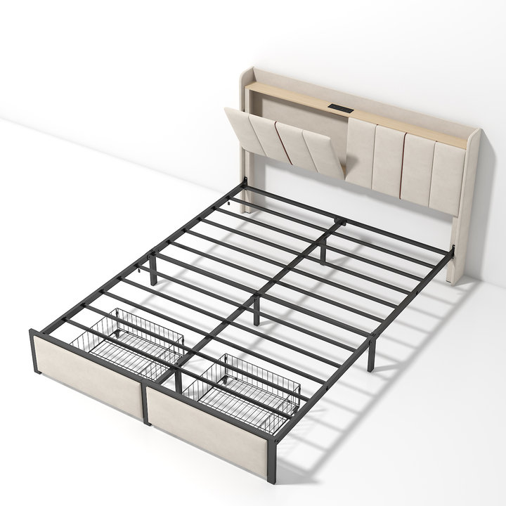 Très grand lit tapissier avec 2 tiroirs et tête de lit ouverte avec lit plateforme et station de charge, Beige, Très grand