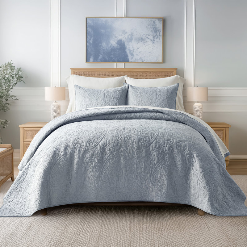Paisley 100% Cotton Quilt Set 3 Pieces, Pearl Blue, King Quilt + 2 King Shams