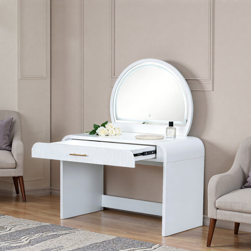 Coiffeuse de maquillage avec miroir lumineux à écran tactile, coiffeuse avec tiroir et bords arrondis