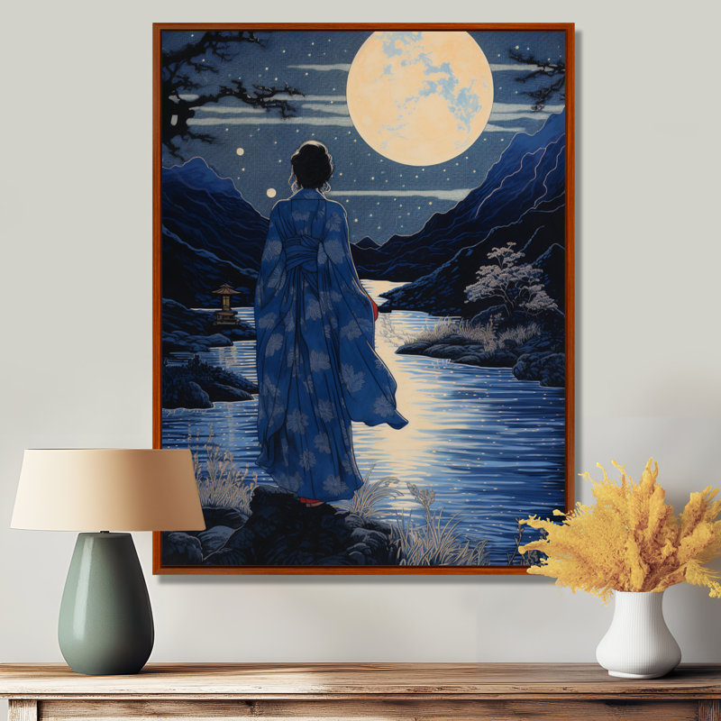 «Blue Kimono Full Moon River Beauty», art mural asiatique, Cadre flottant brun, H 44 po x l 34 po
