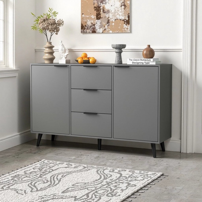 Buffet gris avec rangement, armoire de cuisine en bois 47,2 po à 3 tiroirs et 2 portes, armoire à café