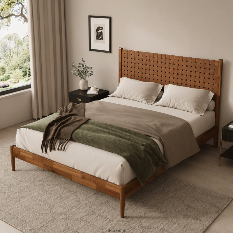 Lit plateforme Queen en bois d'acacia massif, tête de lit en cuir végétalien tissé à la main, cadre de lit de style moderne du milieu du siècle, sommier non requis, caramel