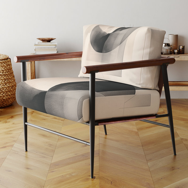 Chaise d'appoint à formes abstraites - Fauteuil géométrique noir et blanc Minimal Curves VI, Brown Round Arms