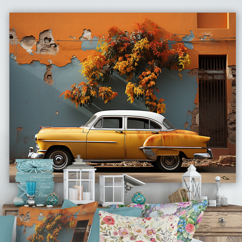Voiture classique jaune Cuba, H 24 po x l 32 po x P 1 po, Toile tendue
