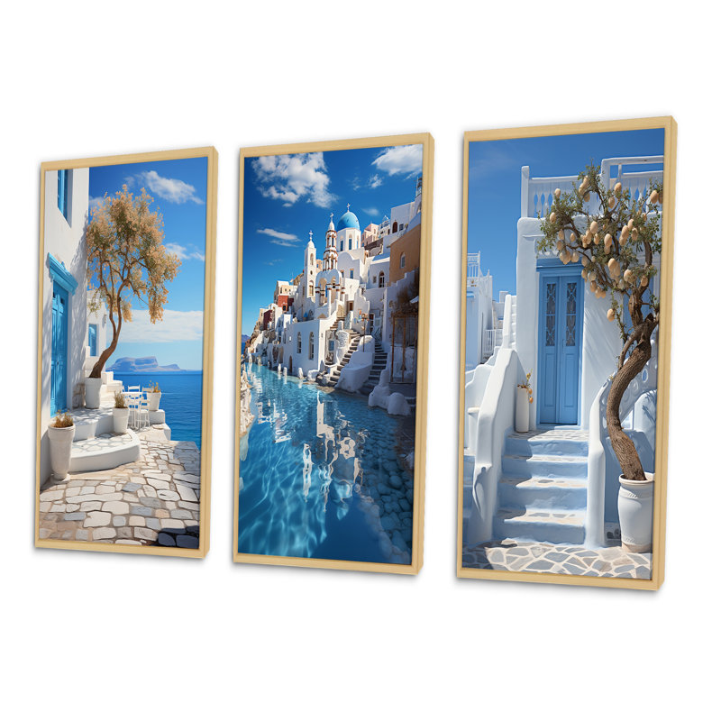 «Grèce Cycladic Harmony», 3 pièces, H 20 po x l 36 po, Encadré naturel